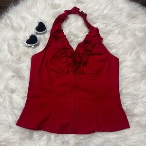 Moda International Y2K Pin-Up Vintage Red Ruffled Halter Zip Up Top size Medium